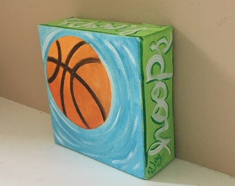 Hoops, 4x4 inch mini acrylic basketball painting, daily doodle art