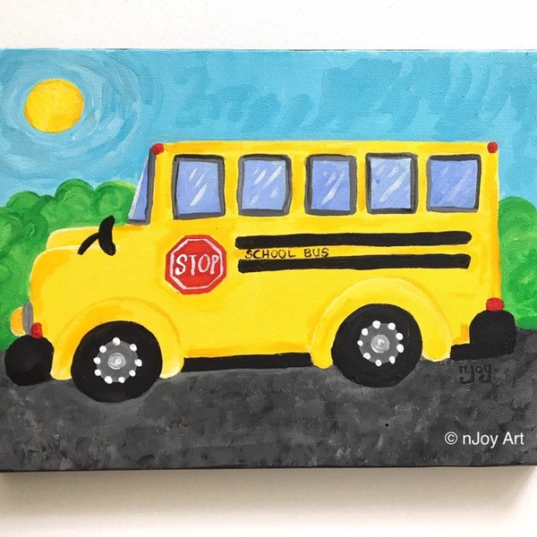 School Bus - 9"x12" Acrylic Canvas Painting - Boys Room Nursery Decor - Transportation Art for Boys