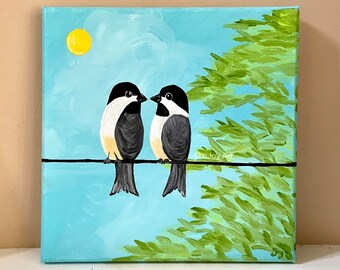 Chickadees on a wire, 8 inch Acrylic canvas, bird art for small spaces