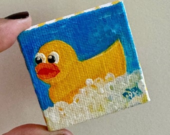 Art magnet, Rubber Ducky Bubble Bath, 2” canvas painting, whimsical rubber duck collectible