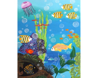 Happy Fish wall art print, 16x20 inch whimsical fish decor, art pritn for childrens rooms and fish or beach themed spaces