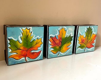 3 fall leaf paintings, set of 4x4 inch acrylic maple leaf paintings for home or office