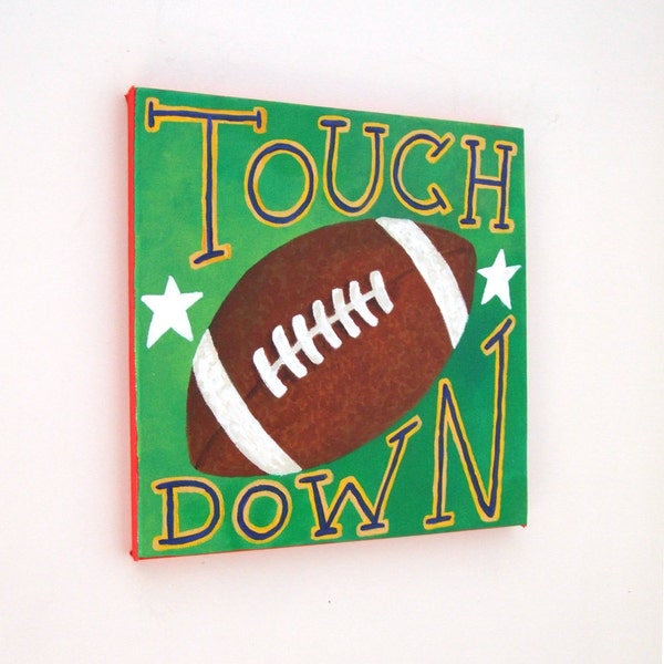 Sports Wall Art,  TOUCH DOWN FOOTBALL, 12x12 Acrylic Canvas, Sports Themed Kids Decor, Art for boys rooms