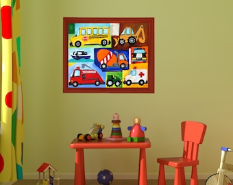Lámina decorativa de transporte para habitación infantil, collage de coches y camiones de 20 x 16 pulgadas para habitación de niño o guardería de bebé.