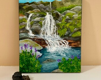 Arctic Waterfall 8x10 inch acrylic painting, Iceland inspired waterfall landscape art