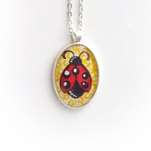 Art Pendant, Ladybug, pendant with necklace, original acrylic painting under glass, mini art, NOT A PRINT