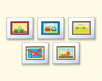 Transportation Art Prints for child's room, Set of five 5x7 inch car and truck art prints