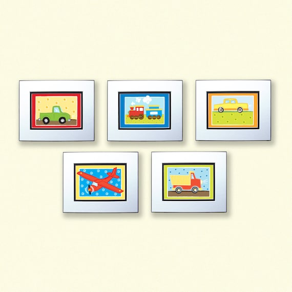 Transportation Art Prints for child's room, Set of five 5x7 inch car and truck art prints