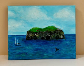 Whale Watching Island seascape 10x8 inch acrylic painting, Iceland inspired seascape art