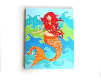 Dancing Mermaid painting, 11"x14" original acrylic art on gallery wrapped canvas, beach themed nautical decor for home or office