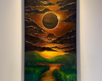 Solar Eclipse Acrylic Painting, Black and Gold Landscape Wall Art (12x24)