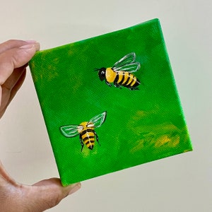 Honey bees on green, 4x4 inch acrylic canvas mini painting of a bee, art for bee lovers image 4