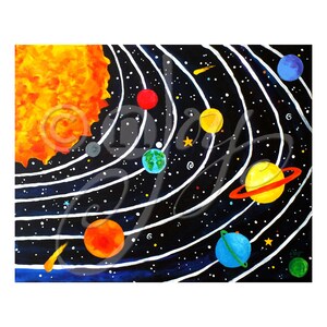 Solar System art print for children&#39;s rooms, 20x16 inch colorful space themed giclee for baby nursery or kids room