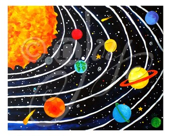 Solar System art print for children's rooms, 20x16 inch colorful space themed giclee for baby nursery or kids room