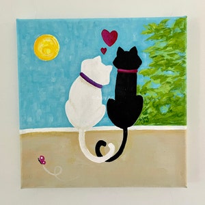 Love Cats, whimsical romantic cat painting, 8 inch acrylic art