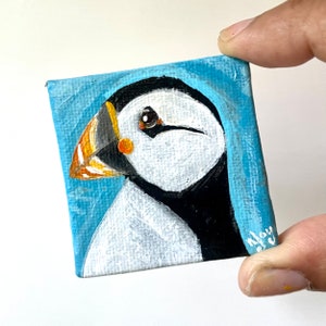 Puffin hand painted Magnet, Mini Canvas Painting, 2 inch art magnet