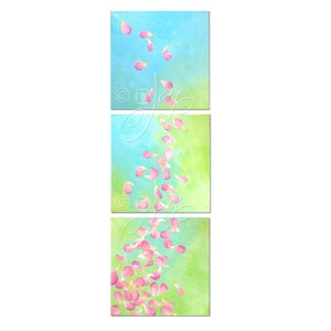 Minimalist flower petal painting, Spring Breeze, Set of Three 12 square paintings, pink blue and green decor, peaceful art image 1