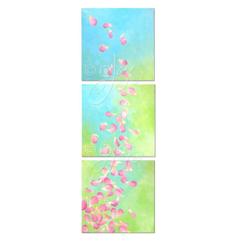 Minimalist flower petal painting, Spring Breeze, Set of Three 12 square paintings, pink blue and green decor, peaceful art image 1