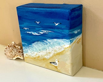 Seagull Beach Mini Painting, 4x4 acrylic seascape art for small spaces, art gift, accent art