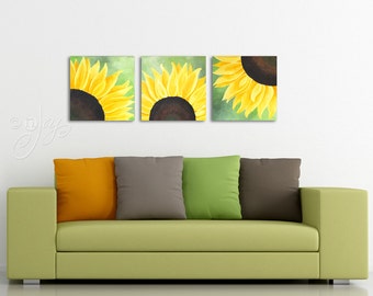 Custom Art,  3 Bold Sunflowers, You pick a background color, Set of 3 12x12 Floral Paintings, Home and Office Wall Art