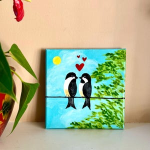 Chickadee Lovebirds, 8 inch Acrylic canvas, bird on a wire art for small spaces