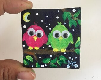 Owl couple art, Mini owl Painting, 2 inch canvas magnet, love bird art gift magnet