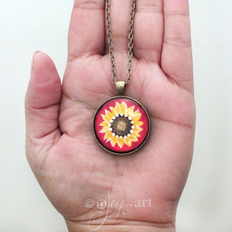 Wearable Art, Sunflower on Red Pendant with necklace, original acrylic painting under glass, mini art, NOT A PRINT image 3