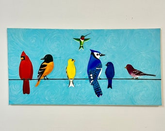 Rainbow Song Birds art, 24x12 inch acrylic painting of a rainbow of New England song birds on a wire.