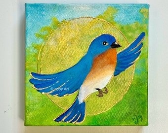 Bluebird painting, 6 inch acrylic canvas, bird art for small spaces, bluebird of happiness, art gift