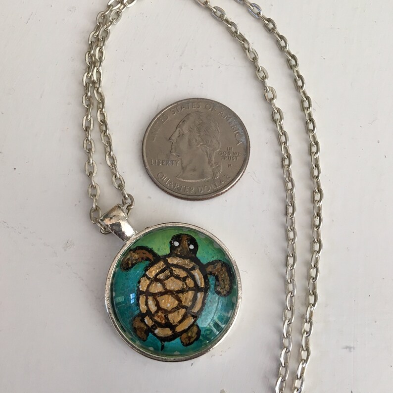 Turtle hand painted pendant with necklace. Wearable Art, original acrylic painting under glass, mini art, NOT A PRINT image 2