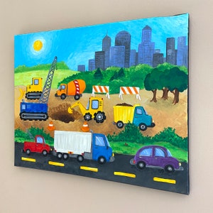 Construction Site art, whimsical acrylic painting for construction or transportation themed boys room or nursery image 2