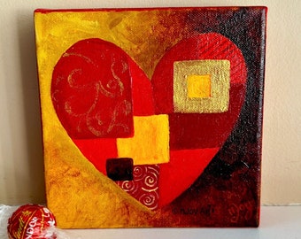 PATCHWORK HEART painting, 6x6 Acrylic Painting on Canvas, Home Accent Decor, Romantic Art Gift,  Wall Art