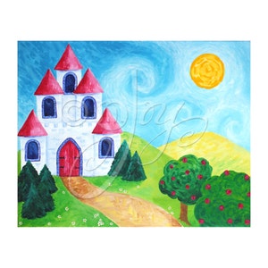 May include: A white castle with red roofs and blue windows sits on a green hill with a winding path leading to the front door. There are two green trees in front of the castle and two green trees with red apples on the right side of the image. The sky is blue with white clouds and a yellow sun.