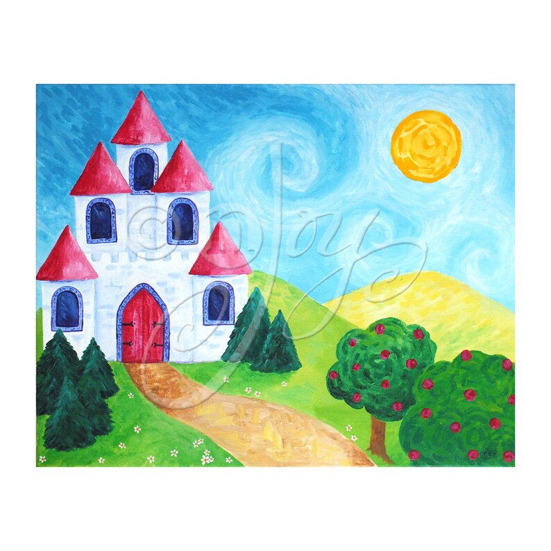 May include: A white castle with red roofs and blue windows sits on a green hill with a winding path leading to the front door. There are two green trees in front of the castle and two green trees with red apples on the right side of the image. The sky is blue with white clouds and a yellow sun.