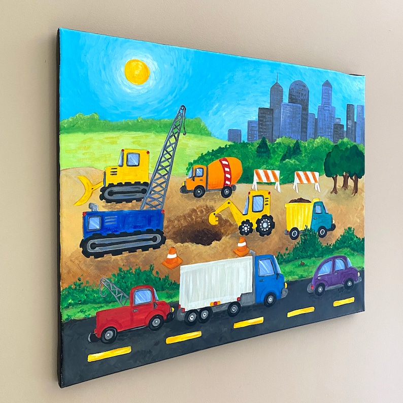 Construction Site art, whimsical acrylic painting for construction or transportation themed boys room or nursery image 3