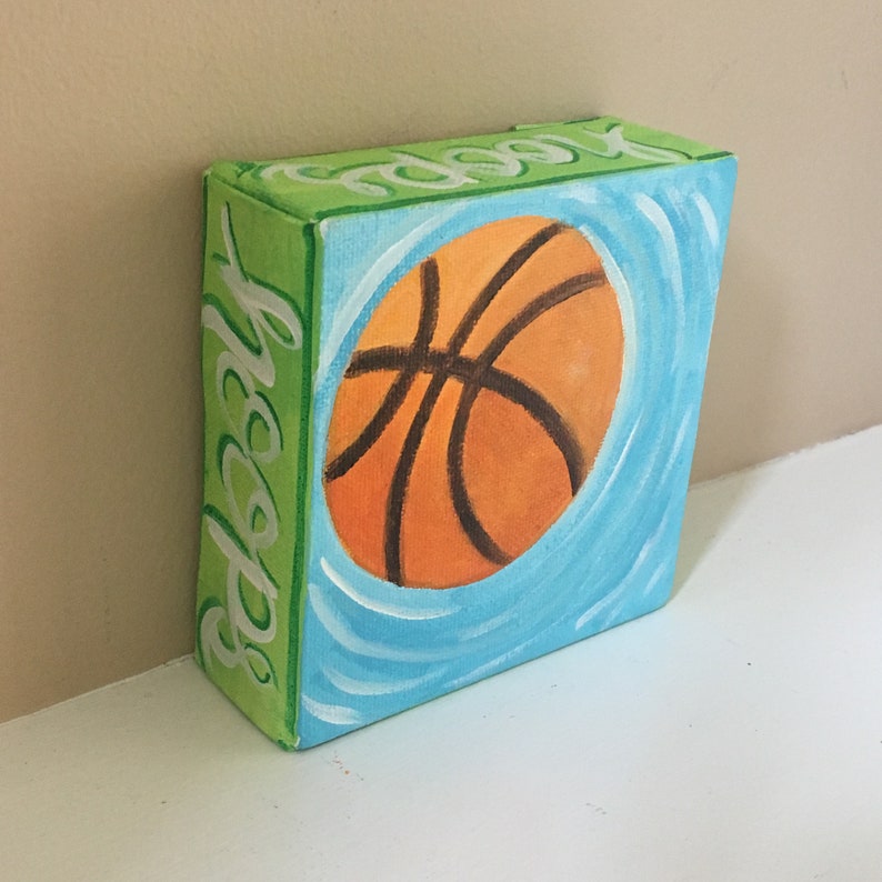 Hoops, 4x4 inch mini acrylic basketball painting, daily doodle art image 2