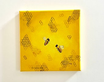Honeycomb Honey Bees, 8 inch acrylic canvas painting, fully painted edges, ready to hang.