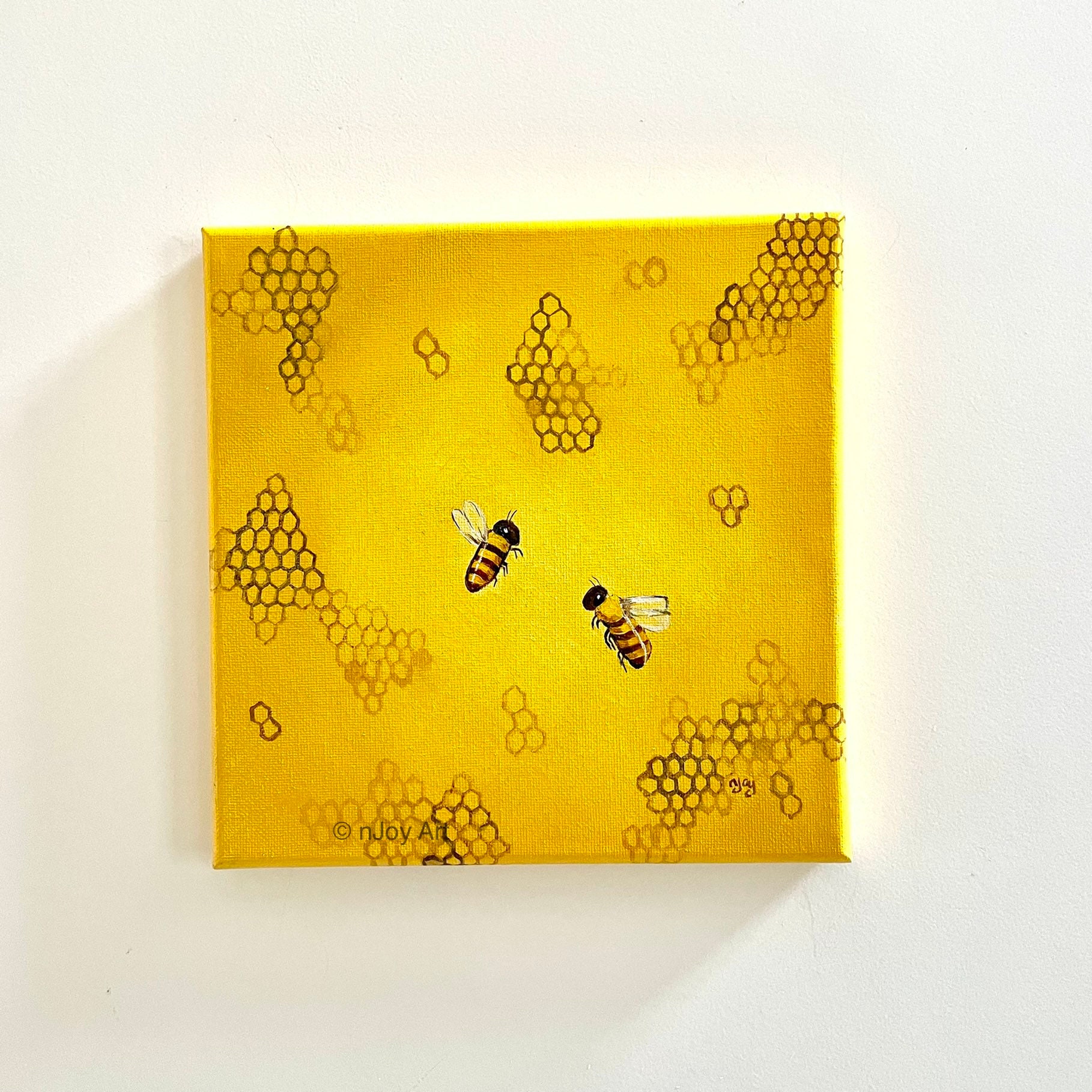 Honeycomb Honey Bees, 8 Inch Acrylic Canvas Painting, Fully Painted Edges,  Ready to Hang. 