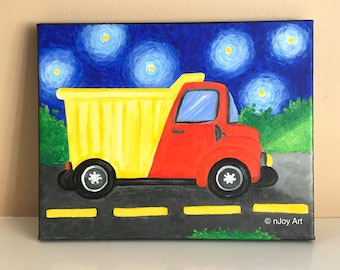 Dump Truck art for boys room, 8x10 inch acrylic transportation painting for kids room, truck nursery art