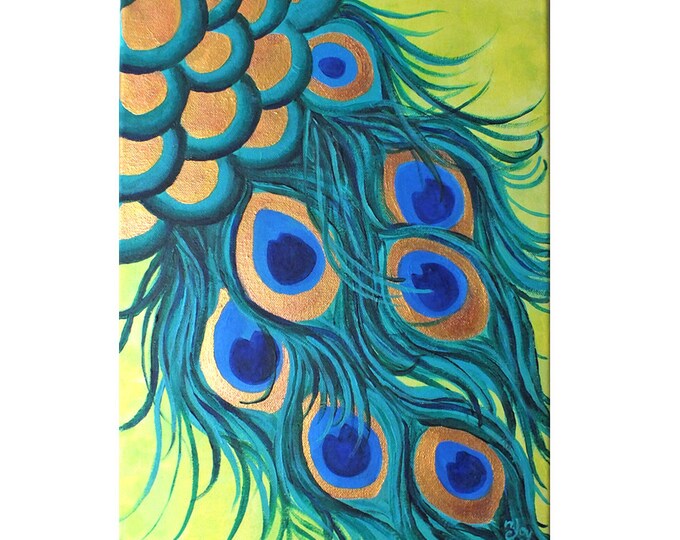 PEACOCK FEATHERS, 12x16 Canvas Painting, Whimsical Modern Art Etsy