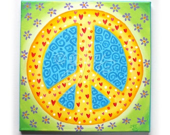 Obraz z napisem PEACE do pokoju dziewczęcego, płótno akrylowe 12x12, obraz dla dzieci, dekoracja dla nastolatków