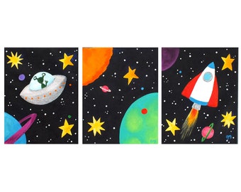 Black Space Art Prints for kids, Set of 3 8x10 inch prints, Planets, Rocket, Flying Saucer,