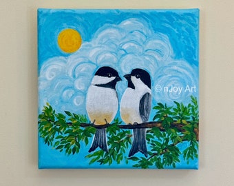 Chickadee Lovebirds on a wire, 8 inch Acrylic canvas, bird art for small spaces