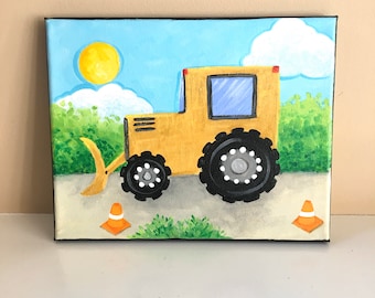 Bulldozer art for boys room, 8x10 inch acrylic construction truck painting for kids room, transportation nursery art