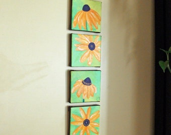 Black Eyed Susans, set of four 5x5 acrylic flower paintings on canvas, ready to hang