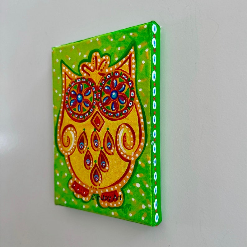 Sugar Skull Owl painting, 5x7 inch small acrylic canvas for home or office. image 5