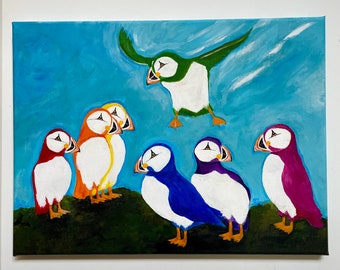 Rainbow Puffins, 16x12x.75 inch acrylic art, rainbow animal art, puffin painting