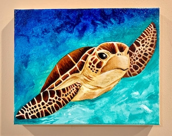Pintura de tortuga marina verde, arte acrílico original de 8 x 10 pulgadas sobre lienzo envuelto en galería,