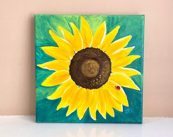 Sunflower with Ladybug, 8 inch acrylic on gallery wrapped canvas, floral decor, sunflower painting