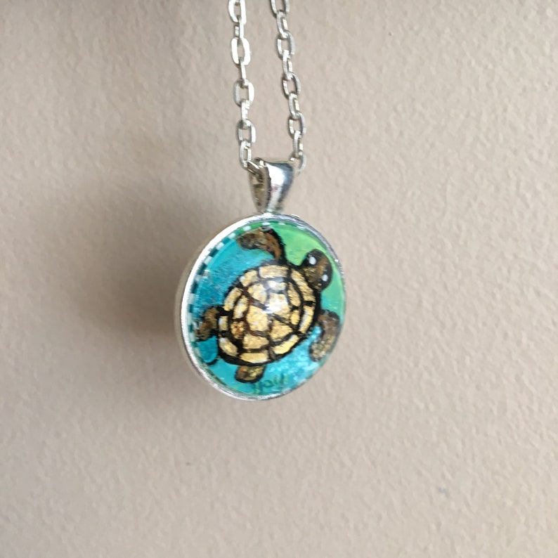 Turtle hand painted pendant with necklace. Wearable Art, original acrylic painting under glass, mini art, NOT A PRINT image 6